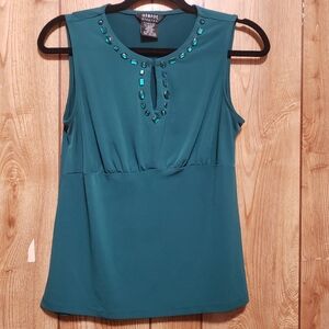 Ladies Embellished Rhinestone Green Top Size S(4/6) Slinky Knit Layering Piece
